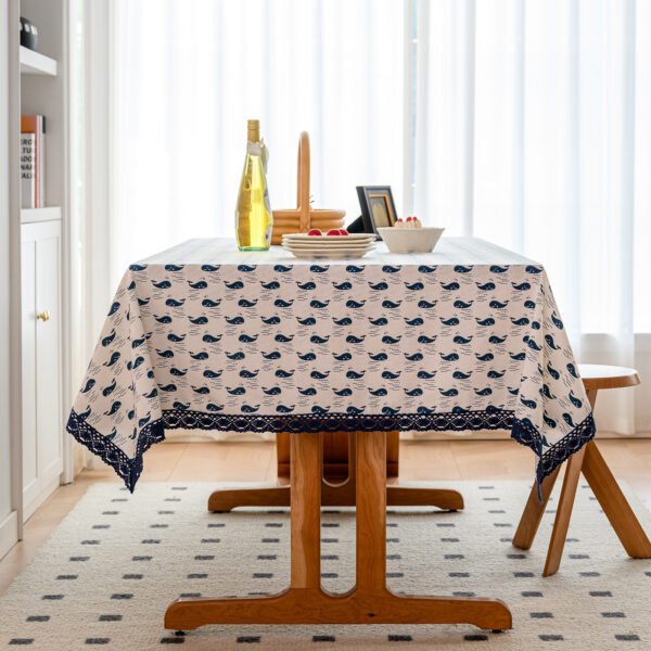 Whale Print Cotton Blend Tablecloth - Delicate Lace Trim for Beach House