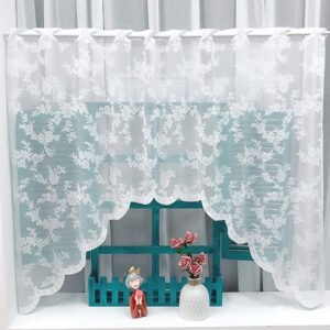 white rose lace polyester café curtain sheer decorative kitchen valance