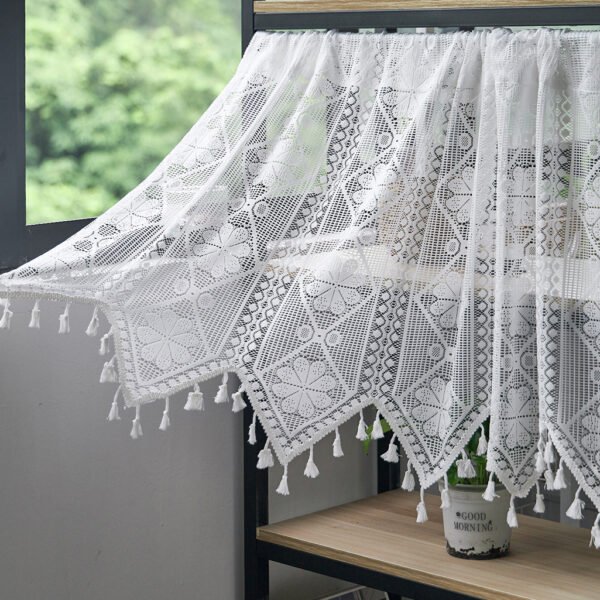 white eight petal flower lace café curtain with tassels French country