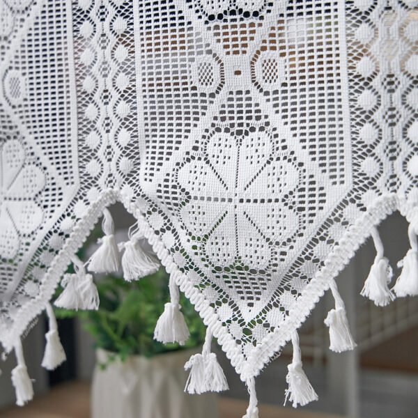 white eight petal flower lace café curtain with tassels French country