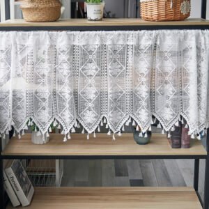 white eight petal flower lace café curtain with tassels French country