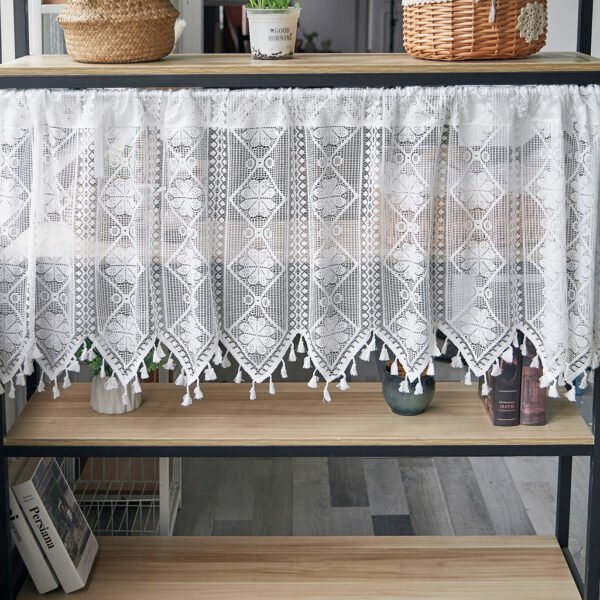 white eight petal flower lace café curtain with tassels French country