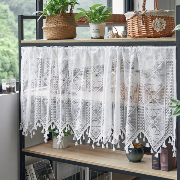 white eight petal flower lace café curtain with tassels French country