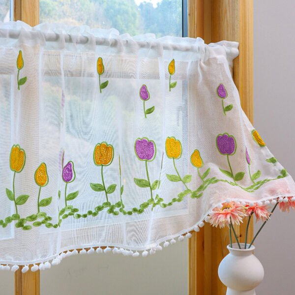 white tulip embroidery polyester café curtain elegant sheer window valance
