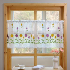 white tulip embroidery polyester café curtain elegant sheer window valance