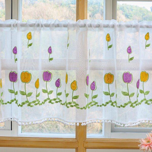white tulip embroidery polyester café curtain elegant sheer window valance