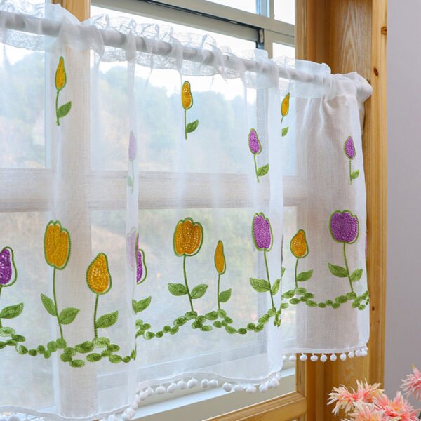 white tulip embroidery polyester café curtain elegant sheer window valance