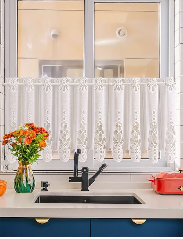 European white print polyester café curtain sheer modern kitchen valance