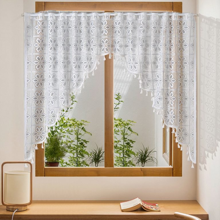 white six petal flower lace café curtain tassel farmhouse kitchen valance