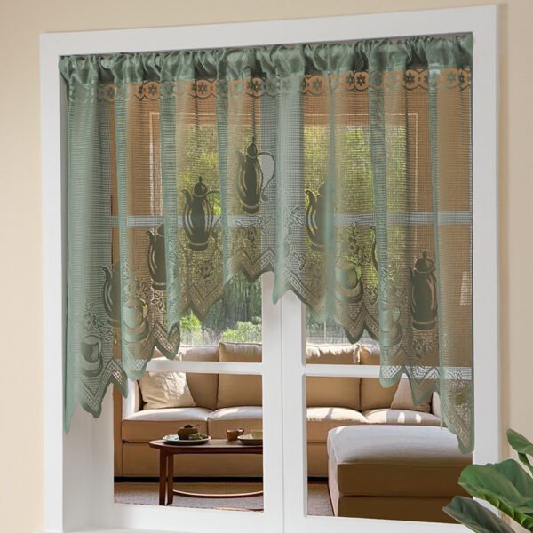 Green Teapot Lace Polyester Café Curtain (6) White Teapot Lace Café Curtain – French Country Short Curtain