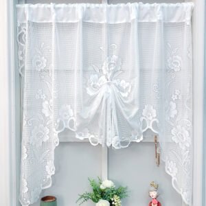 white three flower roman shade lace café curtain elegant farmhouse style