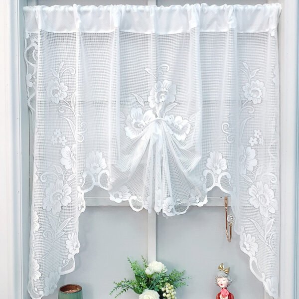 white three flower roman shade lace café curtain elegant farmhouse style