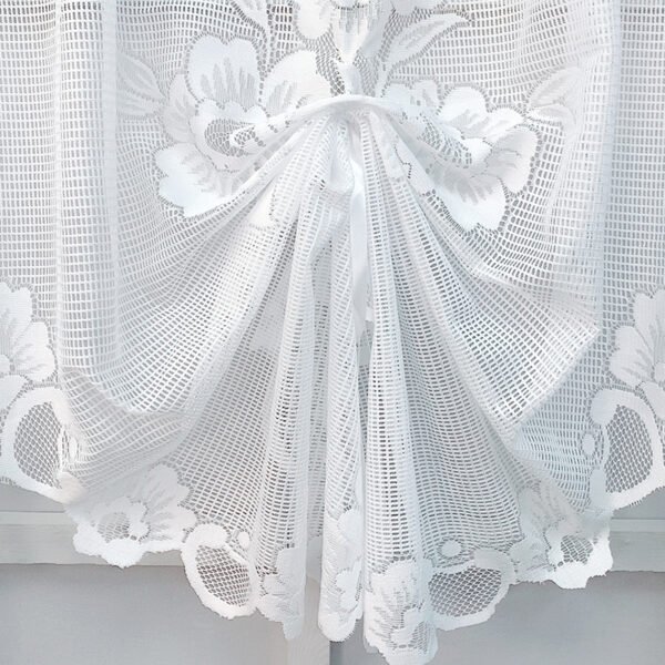 White Three-Flower Roman Shade Lace Café Curtain (5) white three flower roman shade lace café curtain elegant farmhouse style