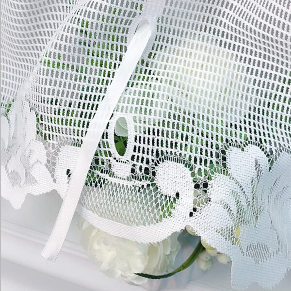 White Three-Flower Roman Shade Lace Café Curtain (9) white three flower roman shade lace café curtain elegant farmhouse style