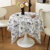 Boho decorative table cover cotton linen with tassels Cotton linen dining tablecloth white black floral print