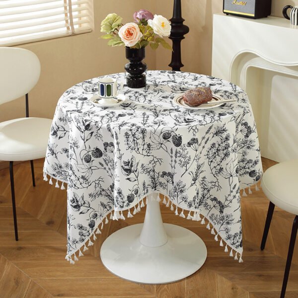 Boho decorative table cover cotton linen with tassels Cotton linen dining tablecloth white black floral print