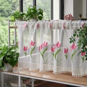 pink tulip embroidery polyester café curtain sheer kitchen valance