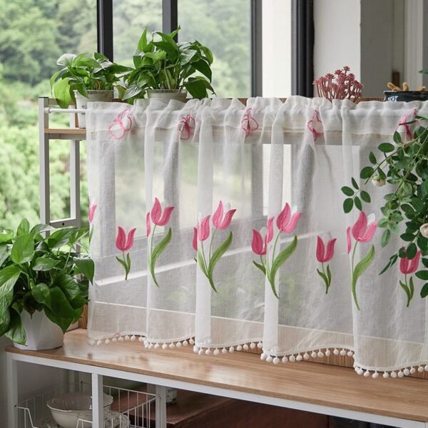 pink tulip embroidery polyester café curtain sheer kitchen valance