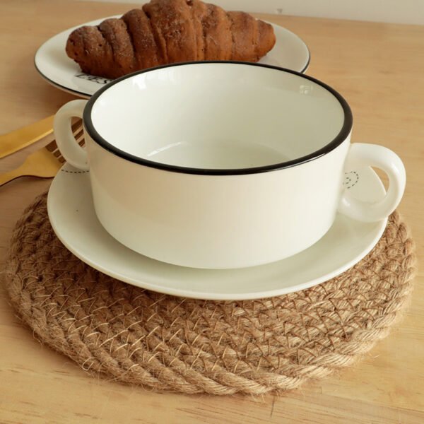 Rustic oval jute placemat made from natural jute rope, farmhouse style.