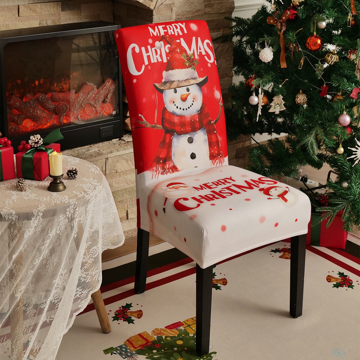 Elastic snowman Christmas chair cover; Printed holiday chair slipcover