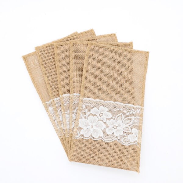 Custom lace burlap utensil holder for rustic table settings and tea parties