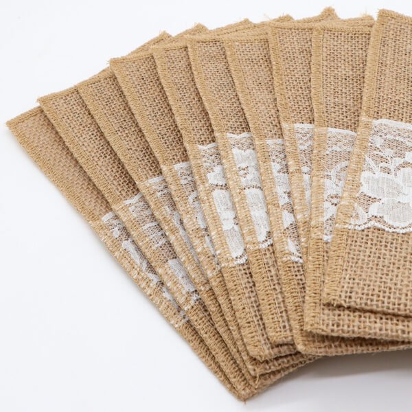 Lace design burlap utensil holder pouch for weddings and formal events