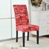 Elastic red Christmas chair cover with Santa print; Red spandex holiday chair slipcover with snowflakes
