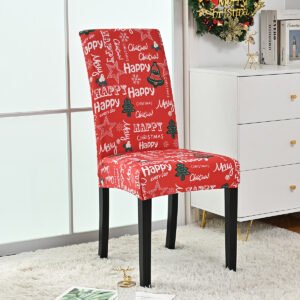 Elastic red Christmas chair cover with Santa print; Red spandex holiday chair slipcover with snowflakes