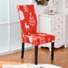 Elastic red Christmas chair cover with Santa print; Red spandex holiday chair slipcover with snowflakes