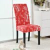 Elastic red Christmas chair cover with Santa print; Red spandex holiday chair slipcover with snowflakes