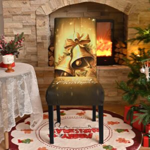 Elastic red Christmas chair cover with bells; Festive holiday slipcover