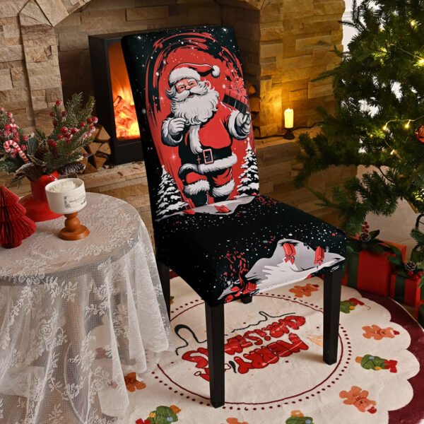 Elastic red Christmas chair cover with Santa Claus; Red spandex festive chair slipcover