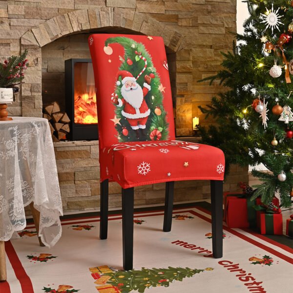 Elastic red Christmas chair cover with Santa Claus; Red spandex festive chair slipcover