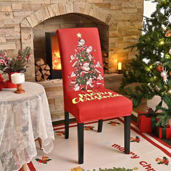 Elastic red Christmas chair cover with Santa Claus; Red spandex festive chair slipcover