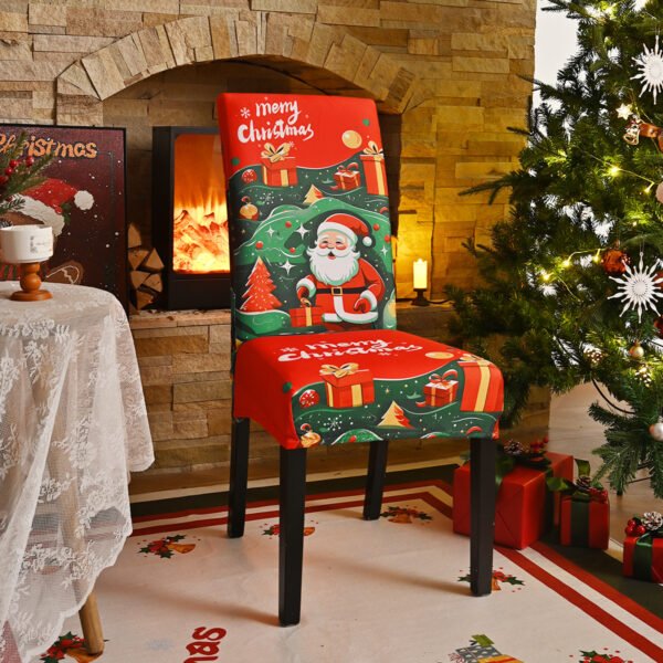 Elastic red Christmas chair cover with Santa Claus; Red spandex festive chair slipcover