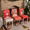 Elastic white Christmas chair cover with Santa Claus; White festive holiday slipcover