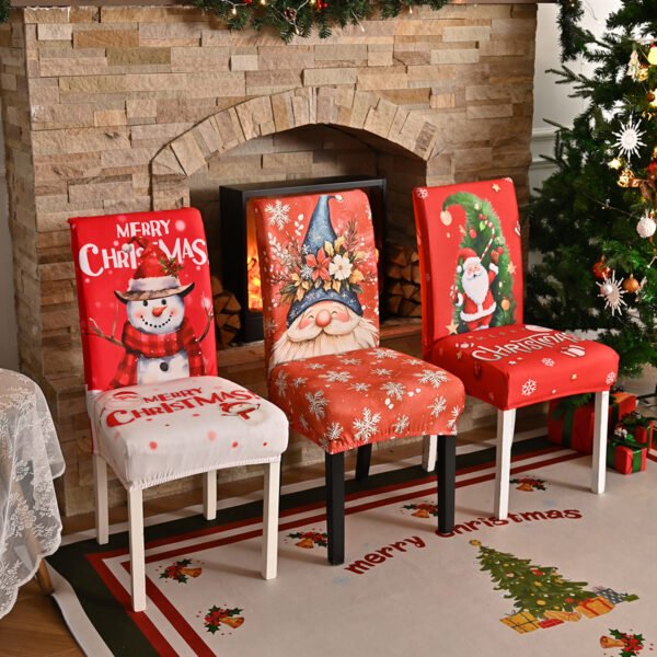 Elastic white Christmas chair cover with Santa Claus; White festive holiday slipcover