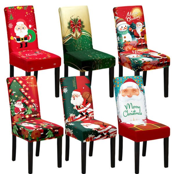 Elastic white Christmas chair cover with Santa Claus; White festive holiday slipcover