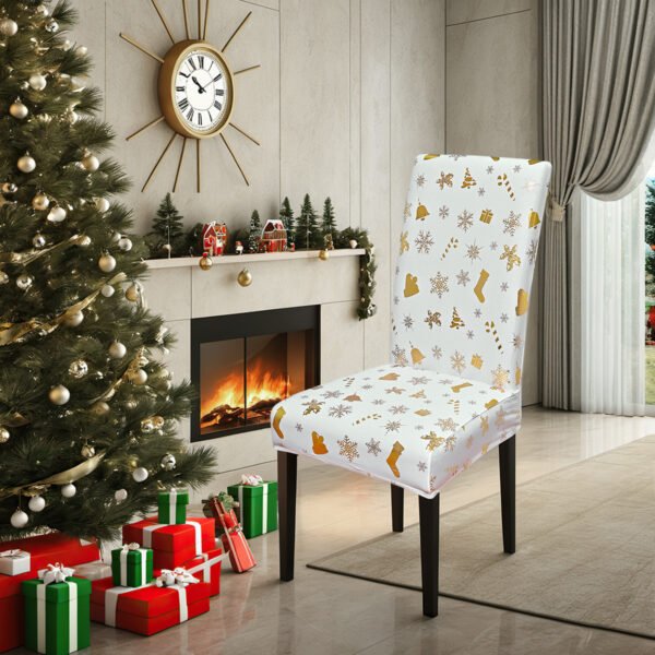 white gold foil christmas chair covers with stockings (4) White gold foil Christmas chair cover with stockings; Elegant foil-printed Christmas chair slipcover