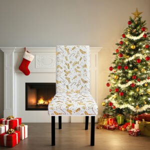 White gold foil Christmas chair cover with stockings; Elegant foil-printed Christmas chair slipcover
