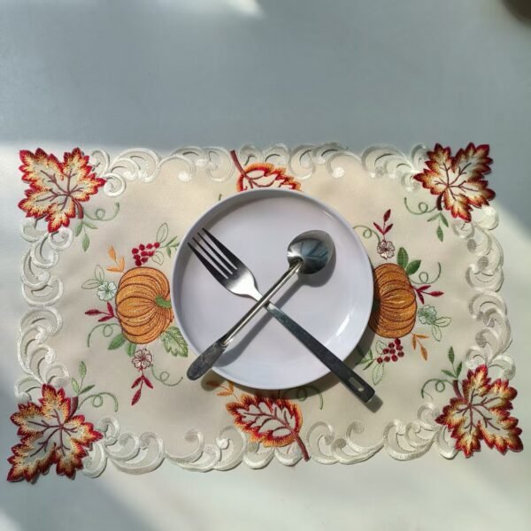 Beige maple pumpkin embroidered placemat Thanksgiving style