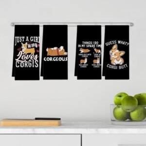 Black cotton tea towel with white dog print pattern