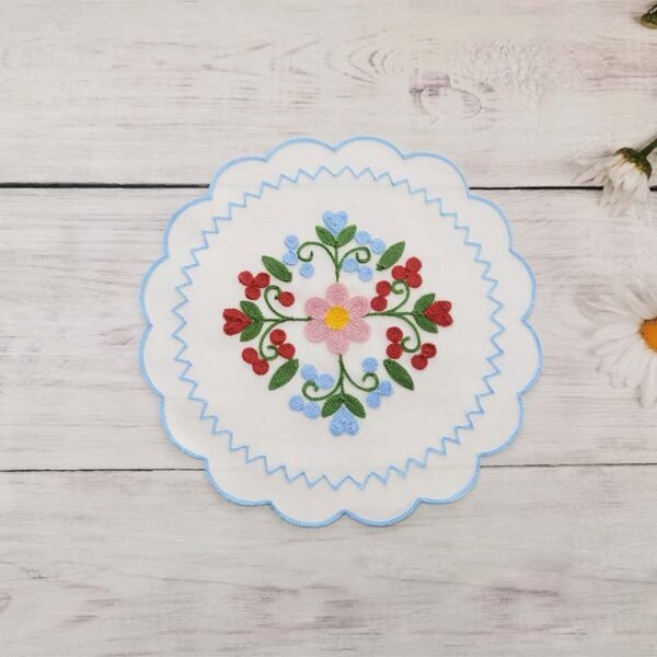 Blue chain stitch embroidered round placemat