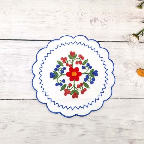 Blue chain stitch embroidered round placemat