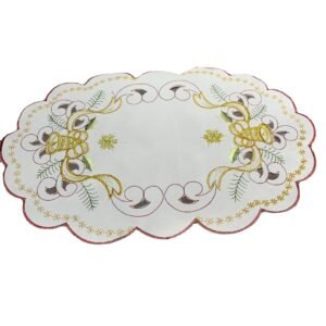 Christmas bell embroidered oval placemat, white cutwork design