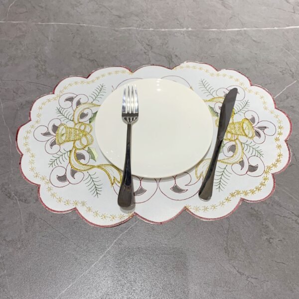 Christmas bell embroidered oval placemat, white cutwork design