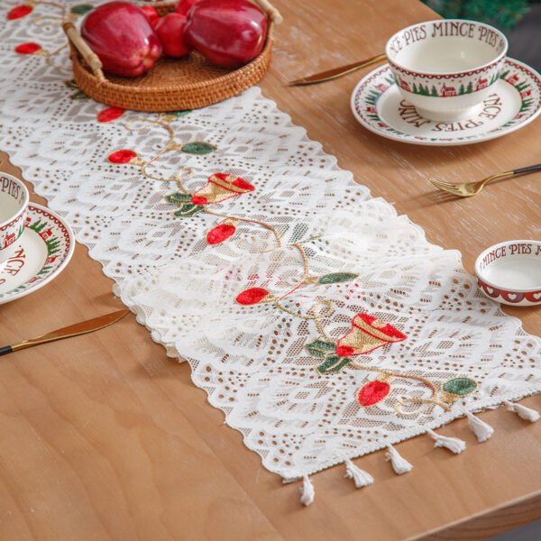 Christmas lace table runner hollow bell tassel white (2) Christmas lace table runner hollow bell tassel white