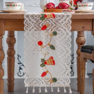Christmas lace table runner hollow bell tassel white