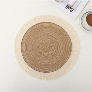 Cotton ramie placemat with tassel edge 42cm beige