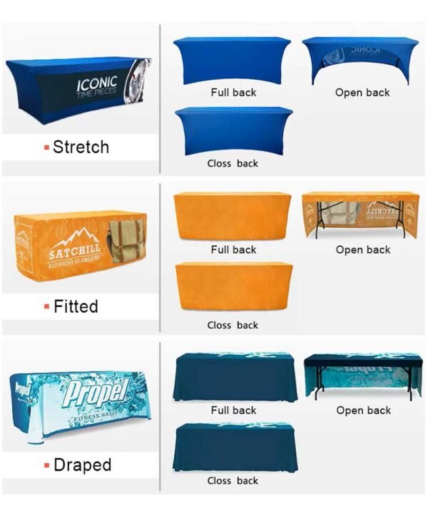 Custom colorful stretch tablecloth (3) Blue custom tablecloth with white text “Your Logo Here